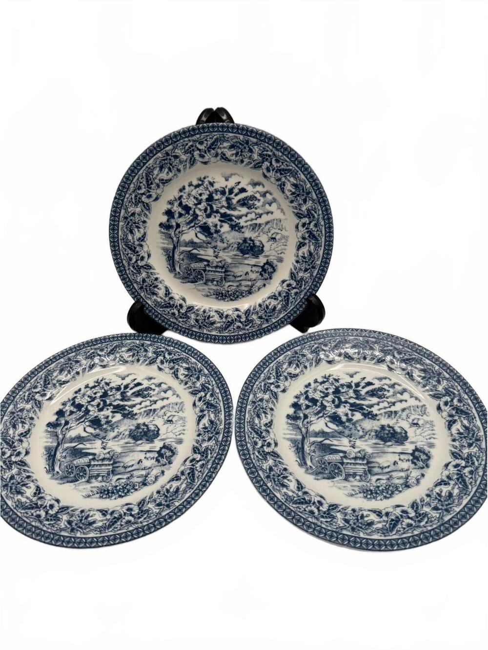 Royal Heritage Blue White Bread Butter Plates Set of 3 Fine Porcelain 6.25"